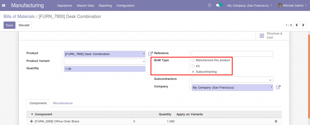 Odoo 13 Hợp đồng thầu phụ trong hóa đơn
