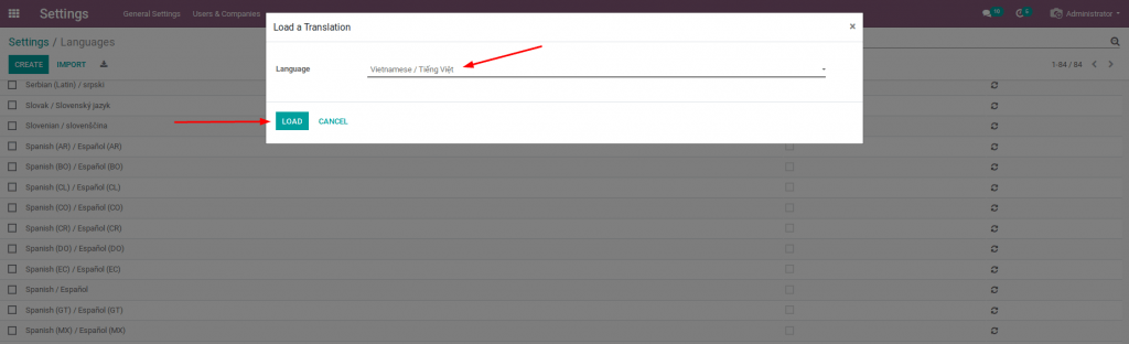 Phần mềm Odoo Việt: Load ngôn ngữ mới