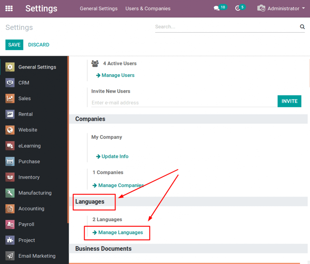 Phần mềm Odoo Việt: Mục Manage Languages trong phần Languages