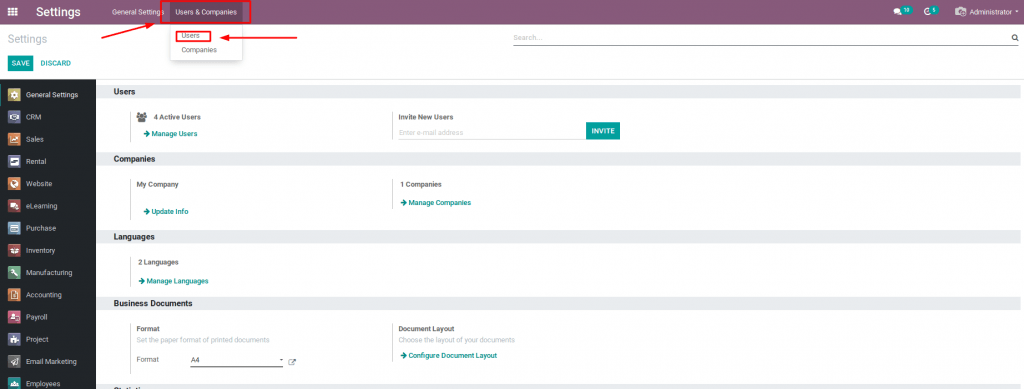 Phần mềm Odoo Việt: Chọn Users trong mục User & Companies