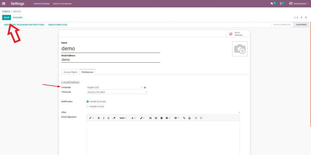 Phần mềm Odoo Việt: Chọn ngôn ngữ và ấn Save