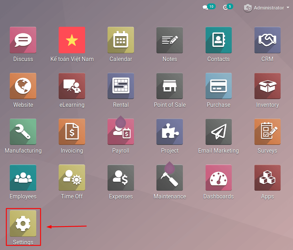 Phần mềm Odoo tiếng Việt: Chọn mục Setting