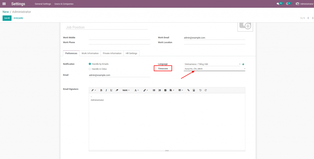 Phần mềm Odoo Việt: Chuyển đổi Timezone sang khu vực ngôn ngữ tương ứng