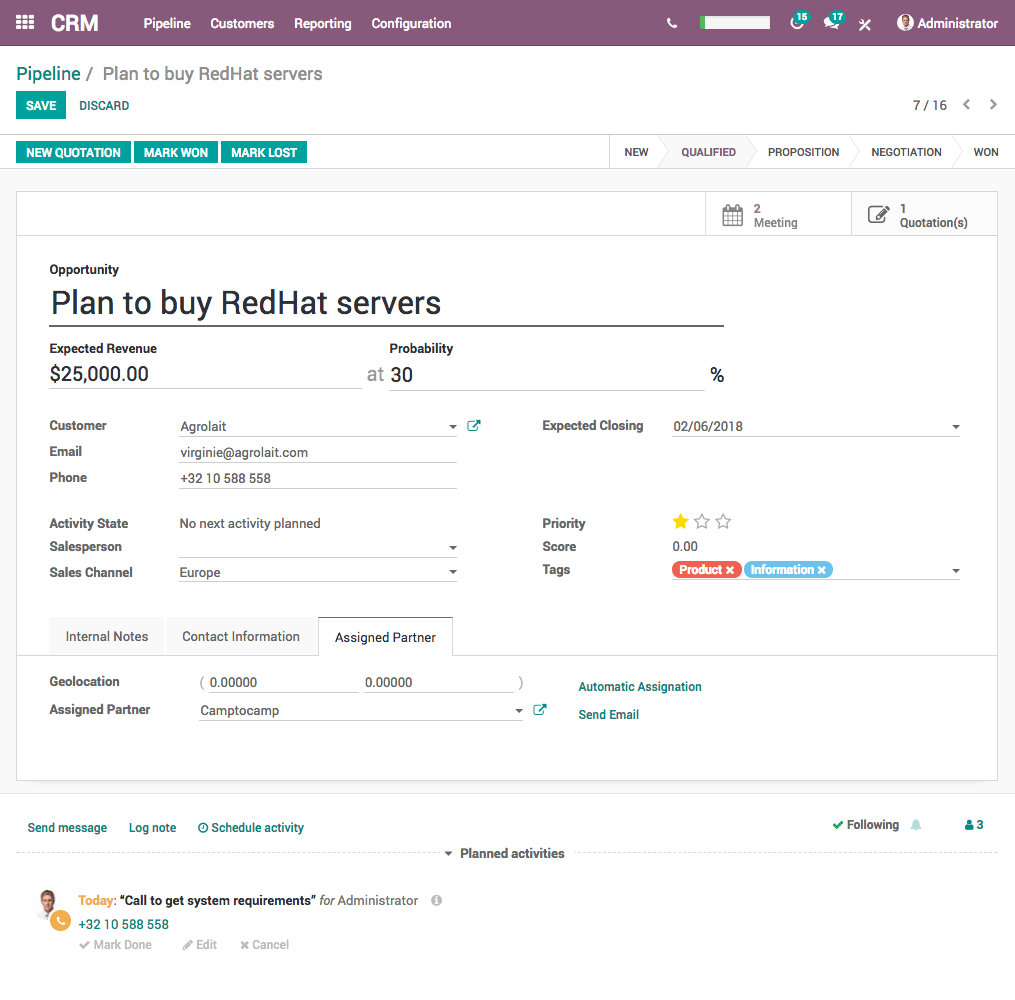 thông tin của khách hàng trong Odoo CRM