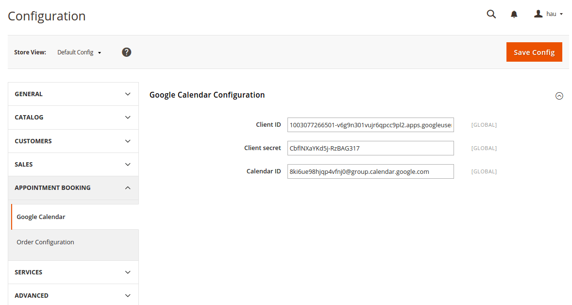Order configuration of Google calendar: save config