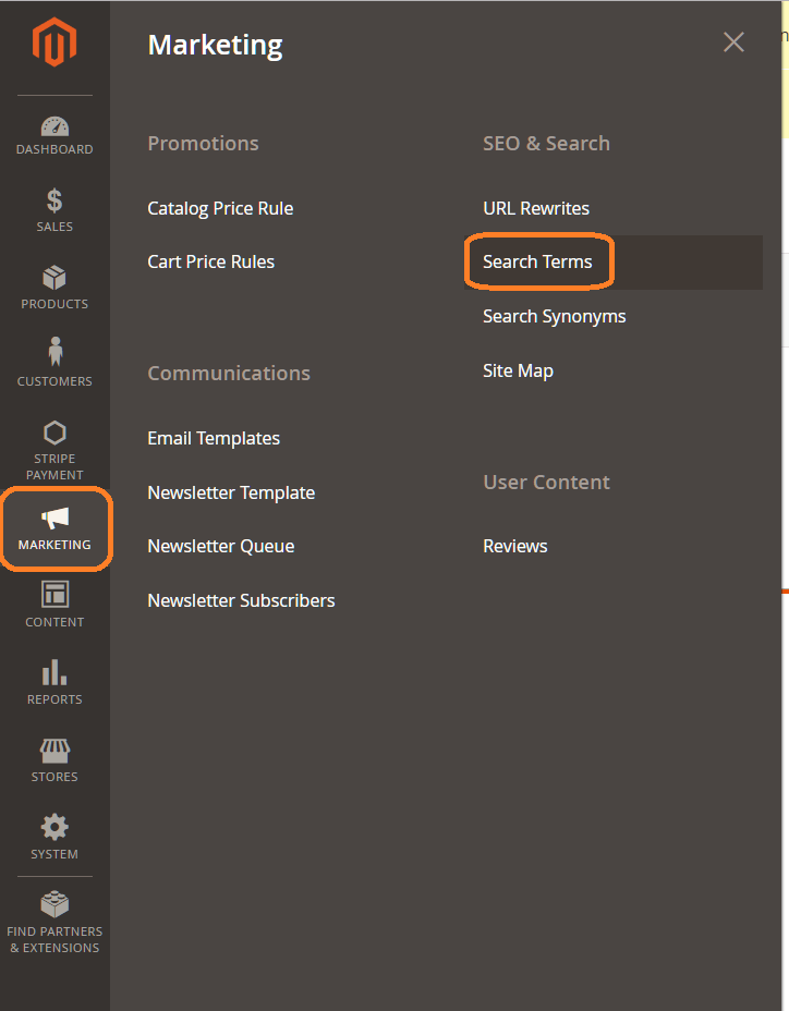 Magento 2 Search Terms location