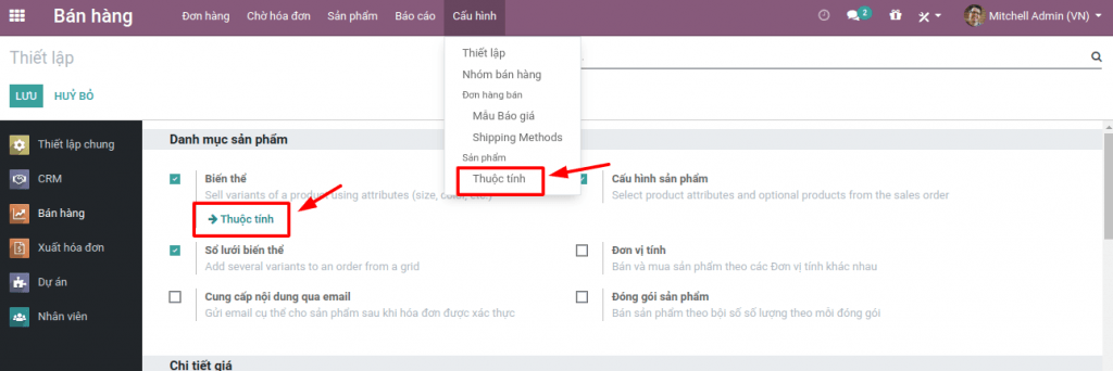 Cách thiết lập sản phẩm nhiều thuộc tính (Product variants) với Module Sales Odoo 13