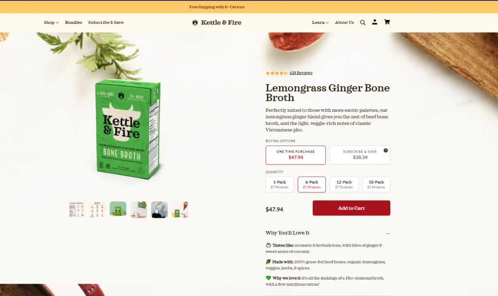 Shopify product page examples: Kettle & Fire