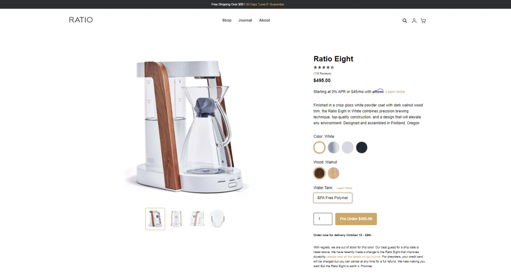 Shopify product page examples: Ratio Coffee