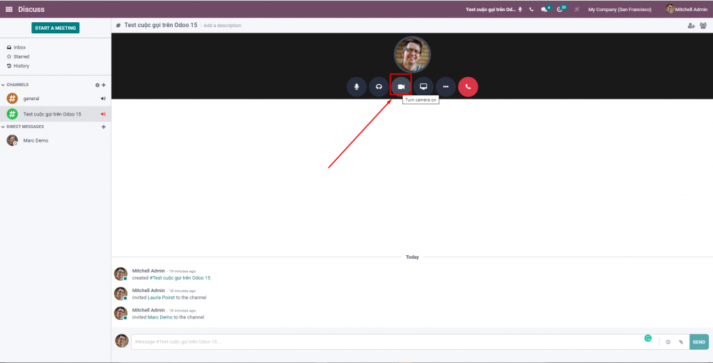 Bật tính năng chia sẻ video trong cuộc gọi nhóm của Odoo 15 Discuss