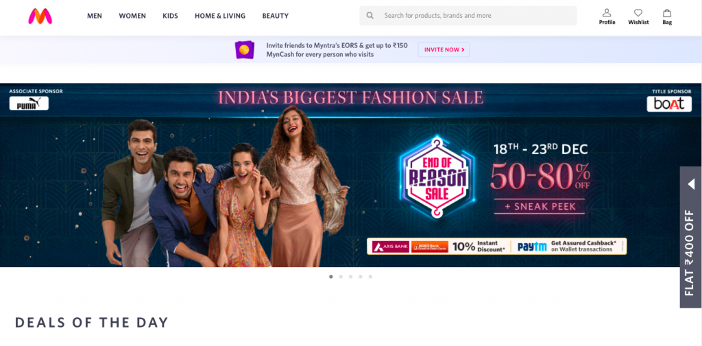 Myntra is a well-known name in India's list of top eCommerce sites in India 