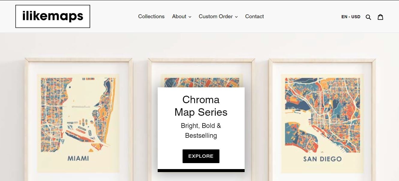 print on demand shopify store examples: iLikeMaps