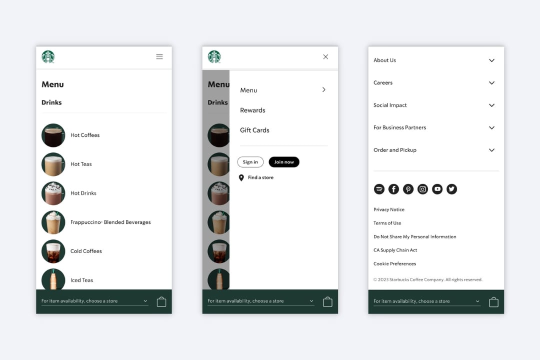 Starbucks progressive web app design: mobile