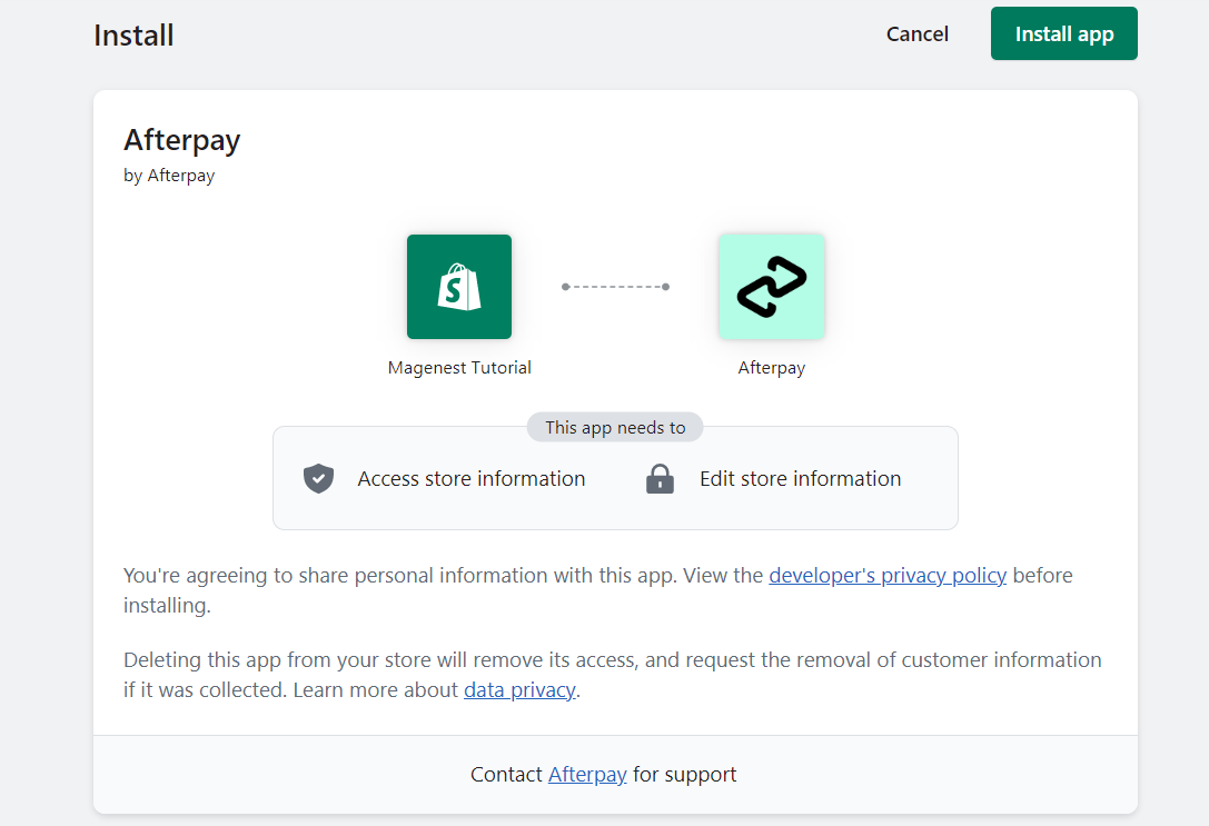 Add afterpay to shopify store by using the link - Step 2