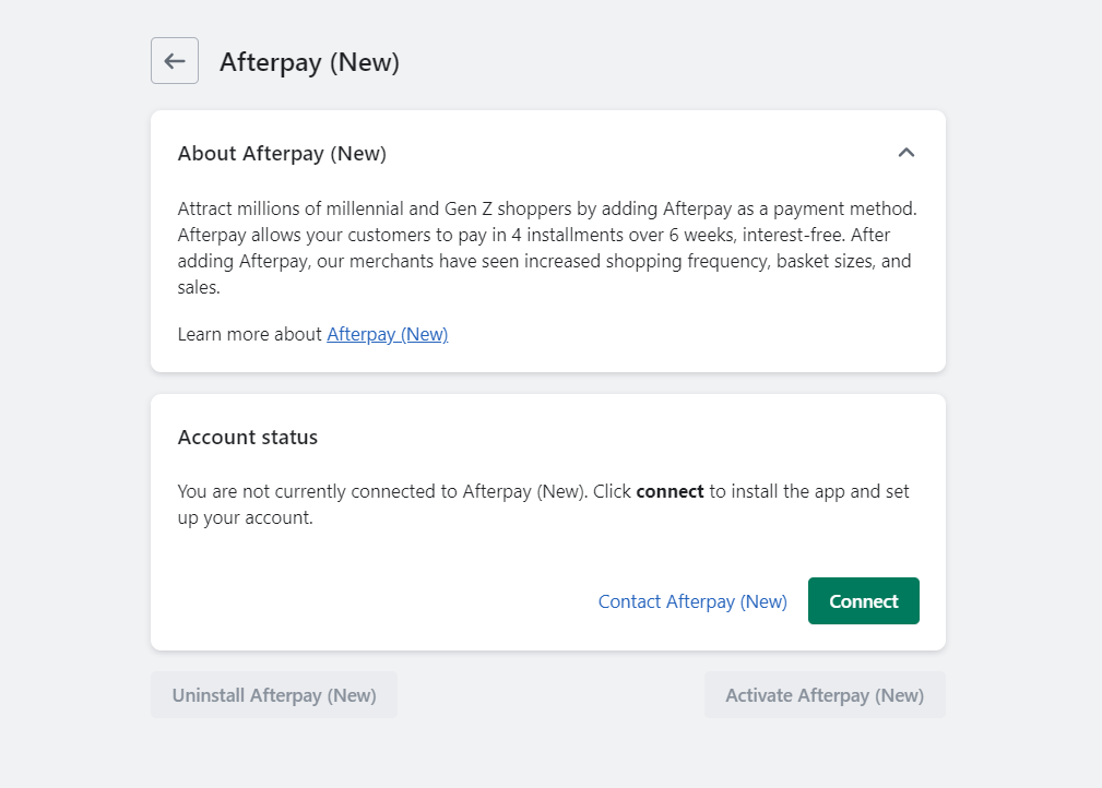 Add afterpay to shopify store by using the link - Step 1