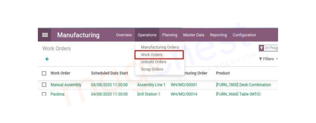 Điều hướng đến Manufacturing → Operations → Work Order để xem danh sách lệnh làm việc.