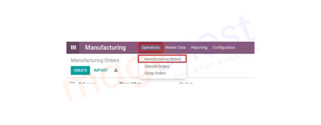 Vào module Manufacturing, chọn Operations → Manufacturing Order