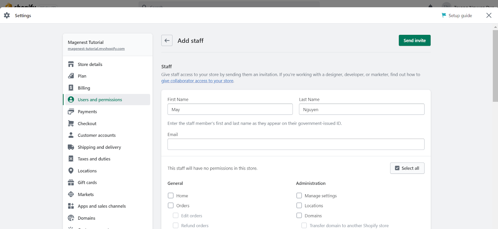 Add an admin user to Shopify store - Step 3