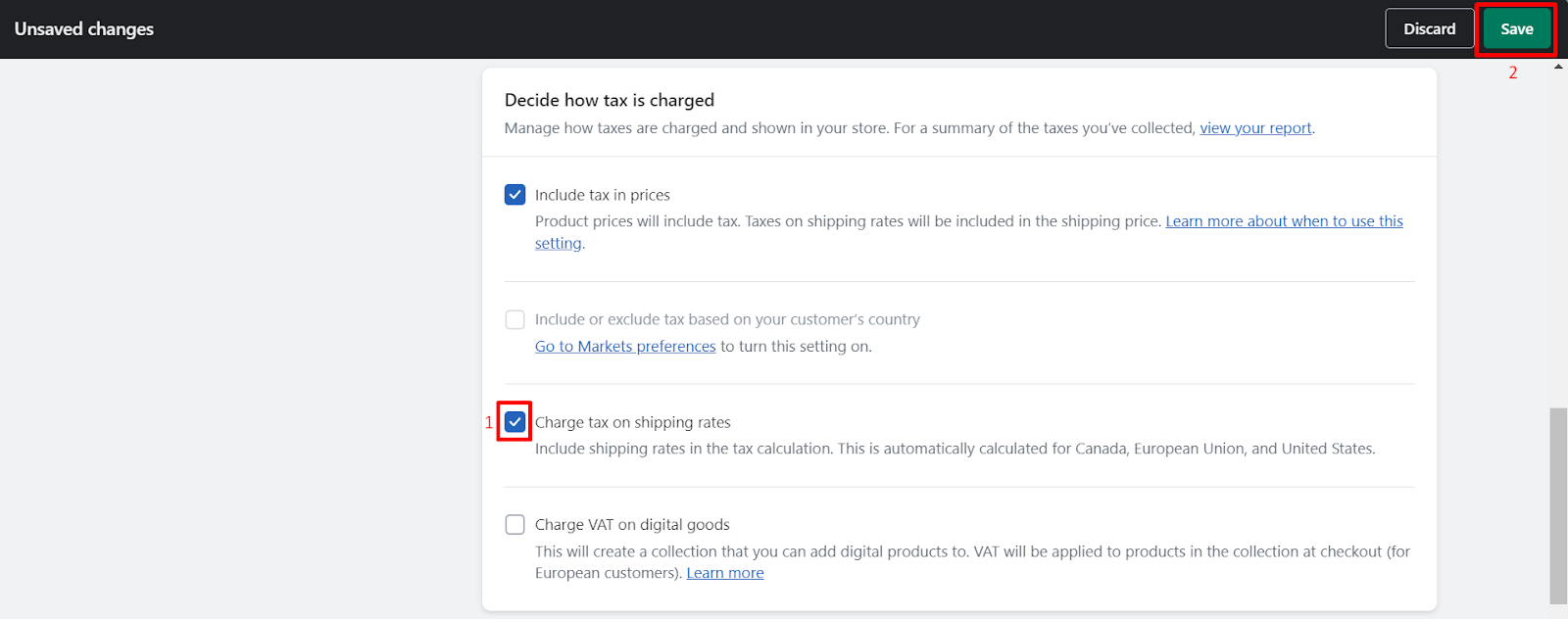 Check the box next to Charge tax on shipping rates.