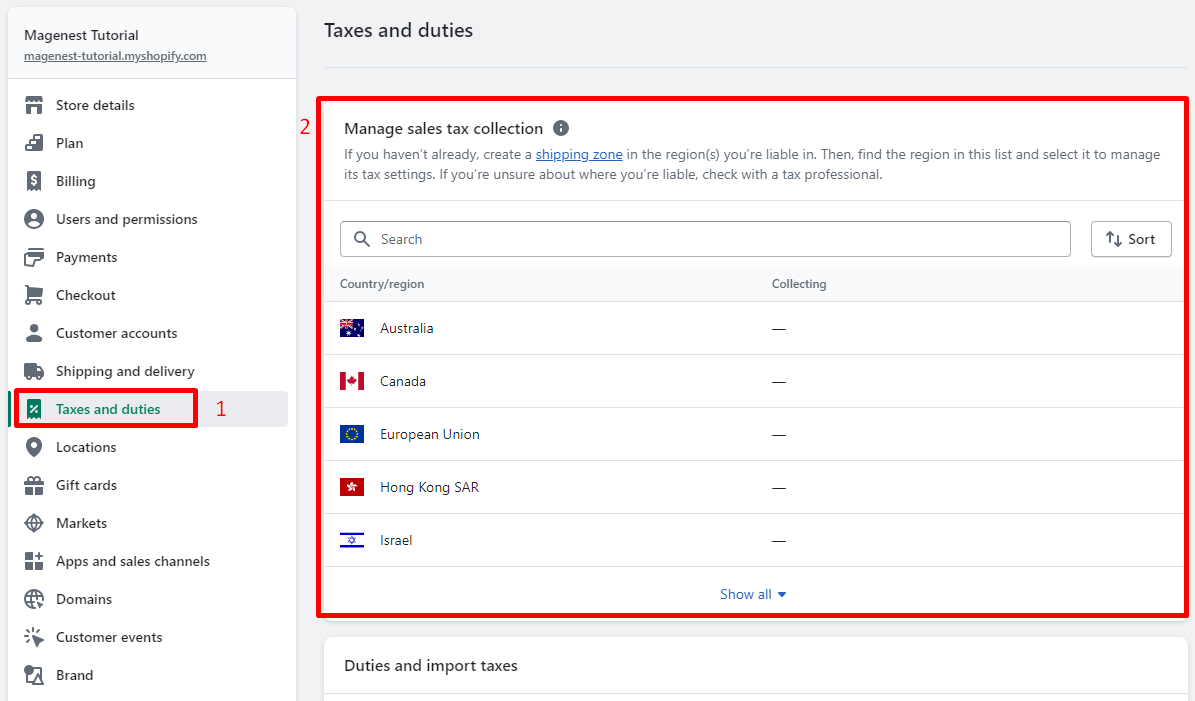 Click the name of the country for which you want to add the tax override.