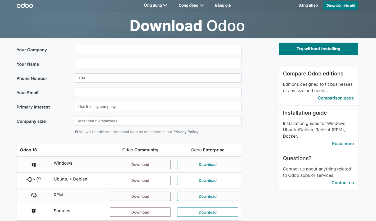 Trang download cài đặt Odoo trên Windows