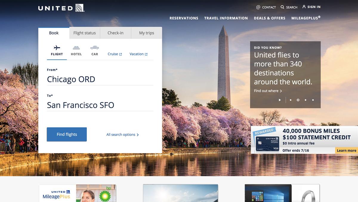United Airlines’s headless website example