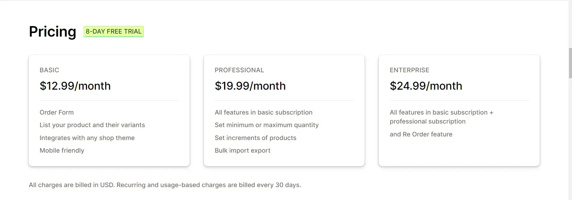 Wholesale Order Form pricing plan