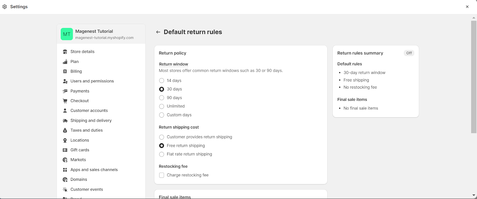Adjust Shopify Return Rules’ Details