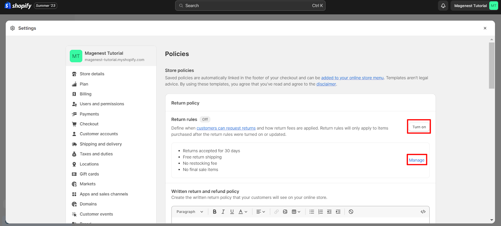Turn on Shopify Return Rules Step 2: Find Policies at the left panel