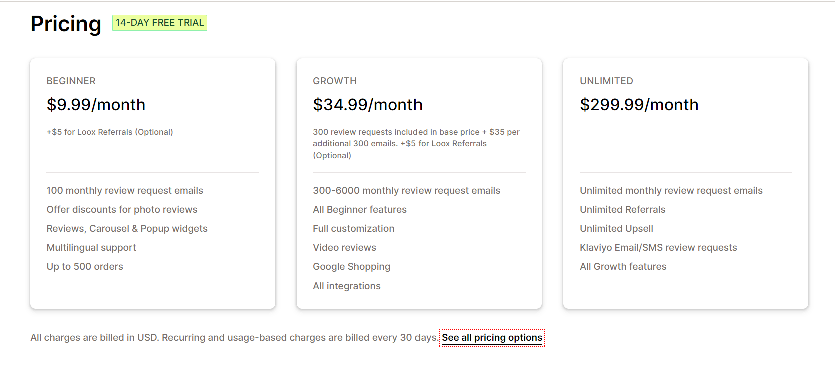 Loox pricing plans