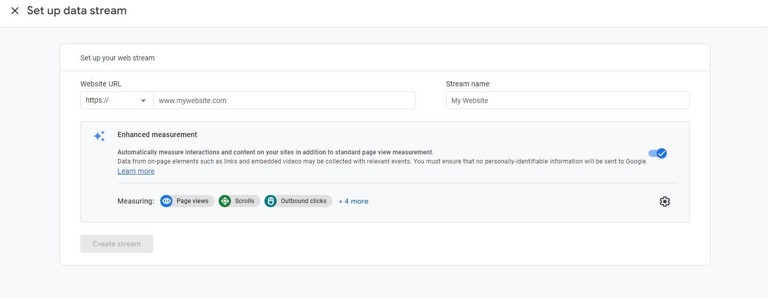 Step 2: Setting Up Your Analytics Account: choose the Web as our platform or data stream