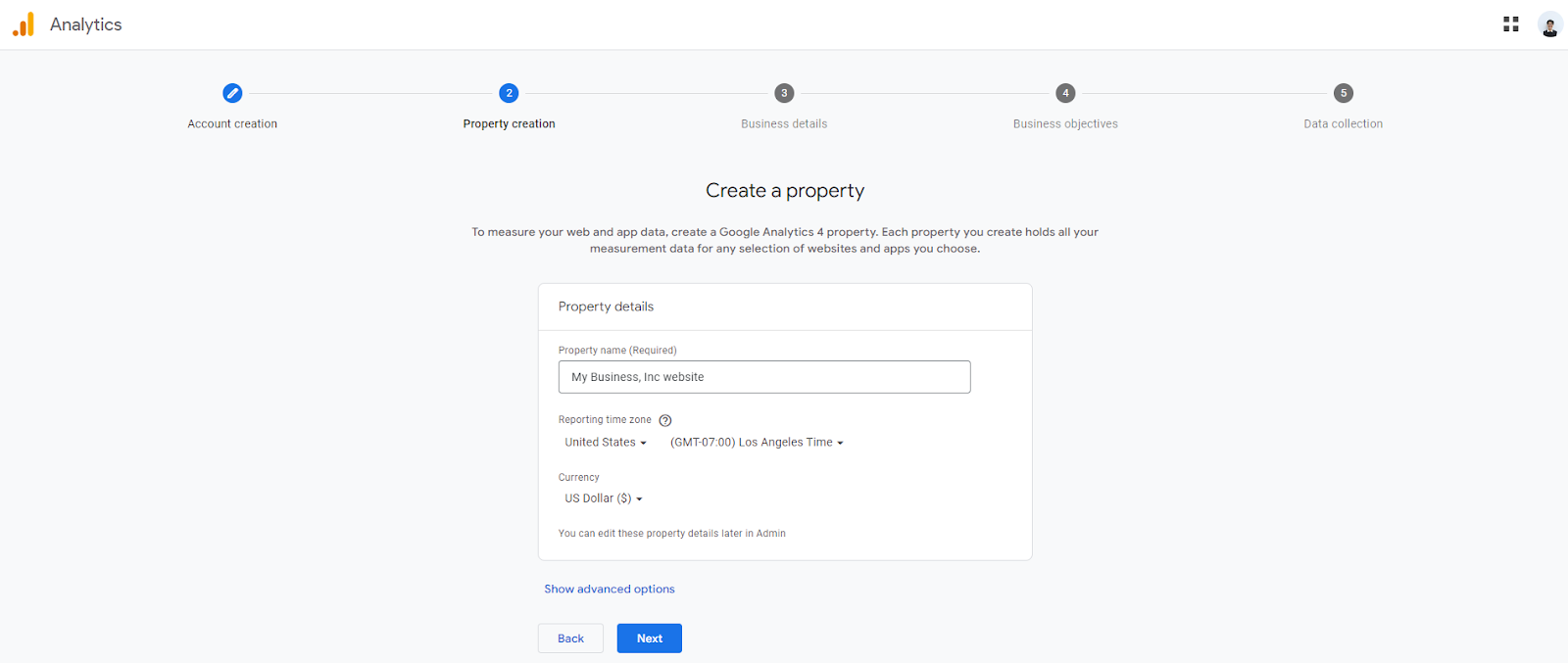 Step 2: Setting Up Your Analytics Account: Click Next to move forward and add the first property