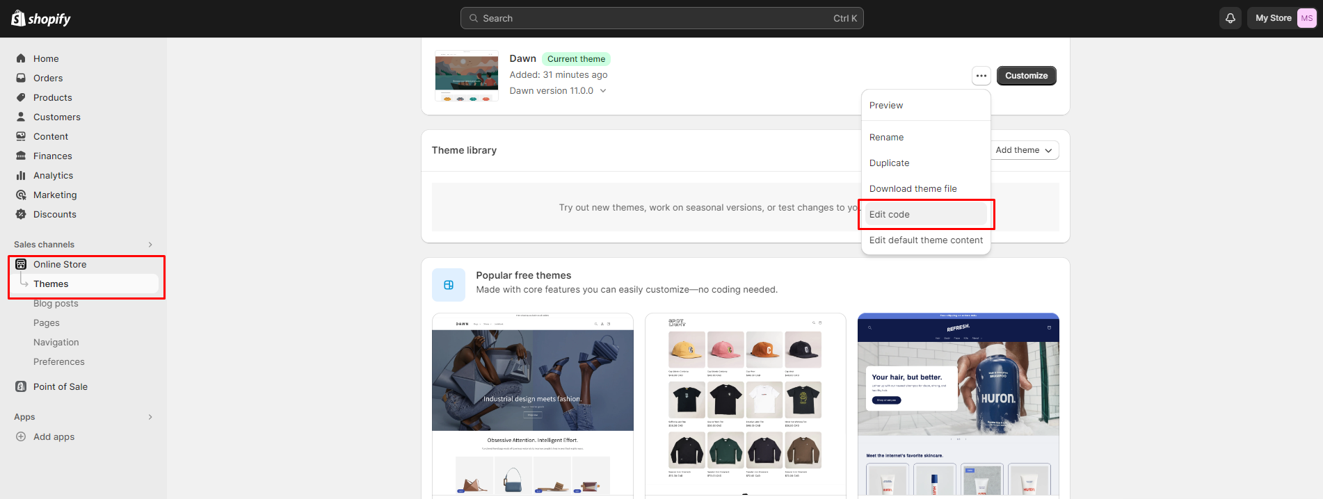 How to change font in Shopify - proceed to Online Store > Themes > Actions > Edit Code
