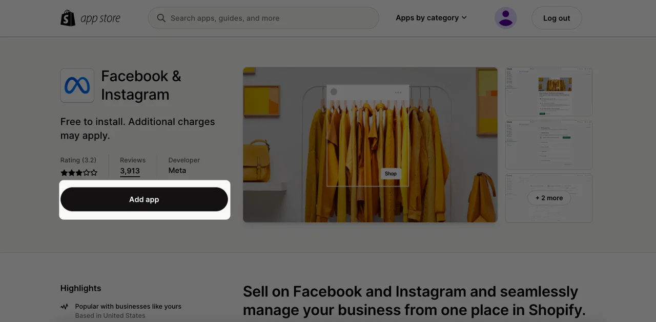click on the Add app button to add Facebook & Instagram app to your Shopify store.